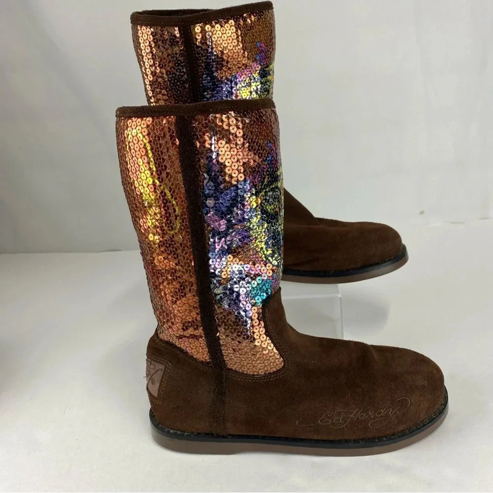Ed Hardy Womens 6 Brown Sequin Rainbow Tiger Print Suede Leather Boots